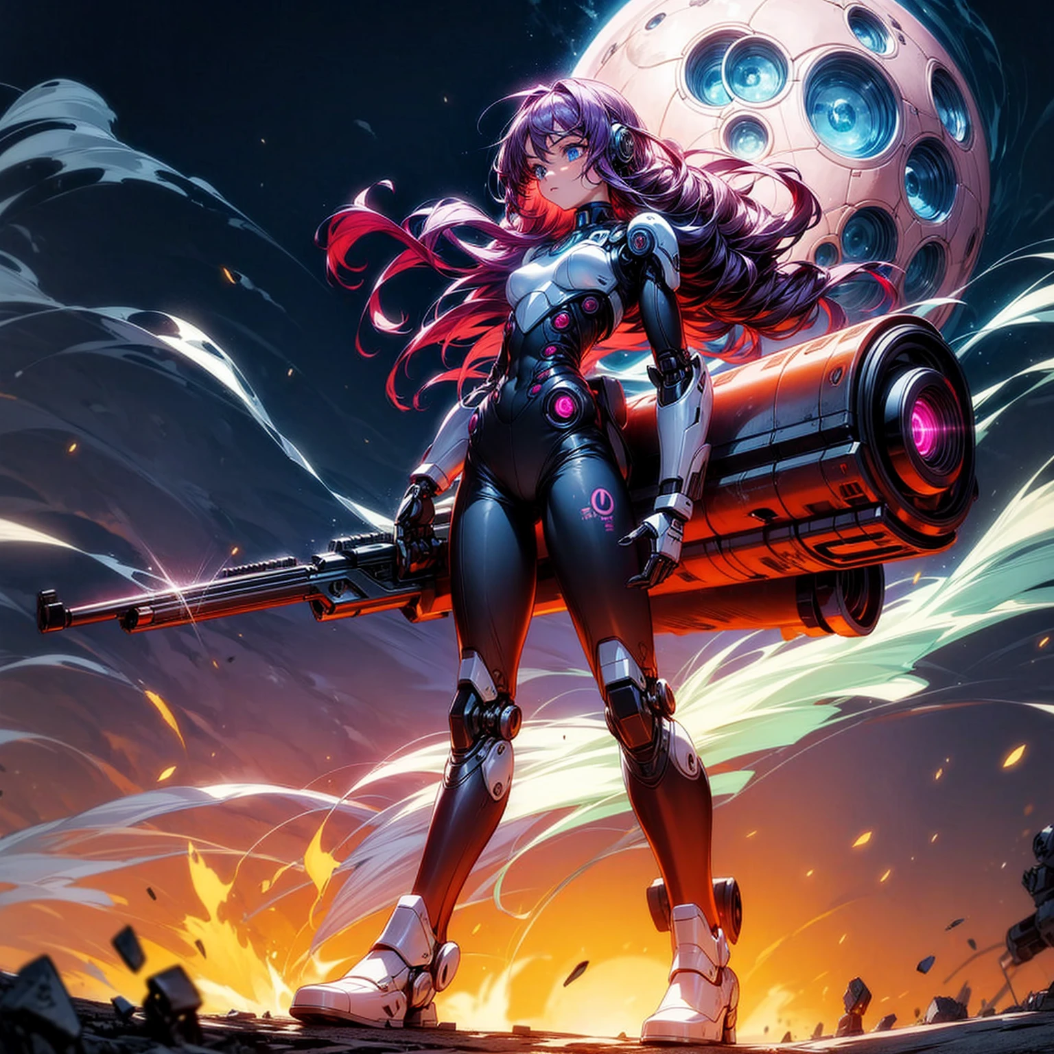 Ultra detailed, full background, Full body version, Grassroots, background in field, (solo, girl, cyborg, blue eyes, sad eyes, magenta color hair, long hair, pants, Boots), standing gesture, hand turns into a shotgun, low angle view, full body robotic, smoke effect, fire effect, lighting on shotgun, Red laser, largest robotic shotgun, moon, Moonlight, The whole body is fully robotic