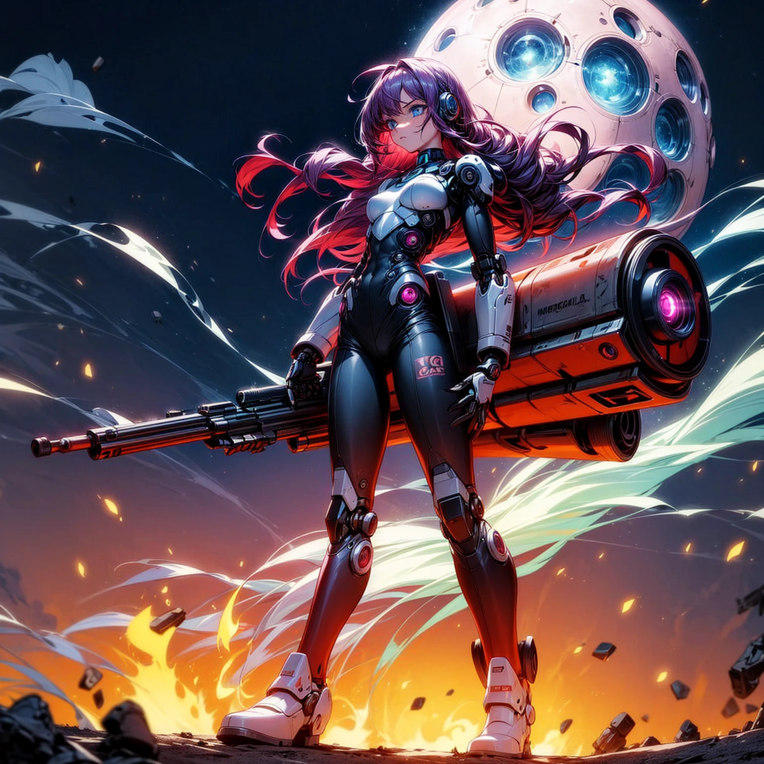 Ultra detailed, full background, Full body version, Grassroots, background in field, (solo, girl, cyborg, blue eyes, sad eyes, magenta color hair, long hair, pants, Boots), standing gesture, hand turns into a shotgun, low angle view, full body robotic, smoke effect, fire effect, lighting on shotgun, Red laser, largest robotic shotgun, moon, Moonlight, The whole body is fully robotic