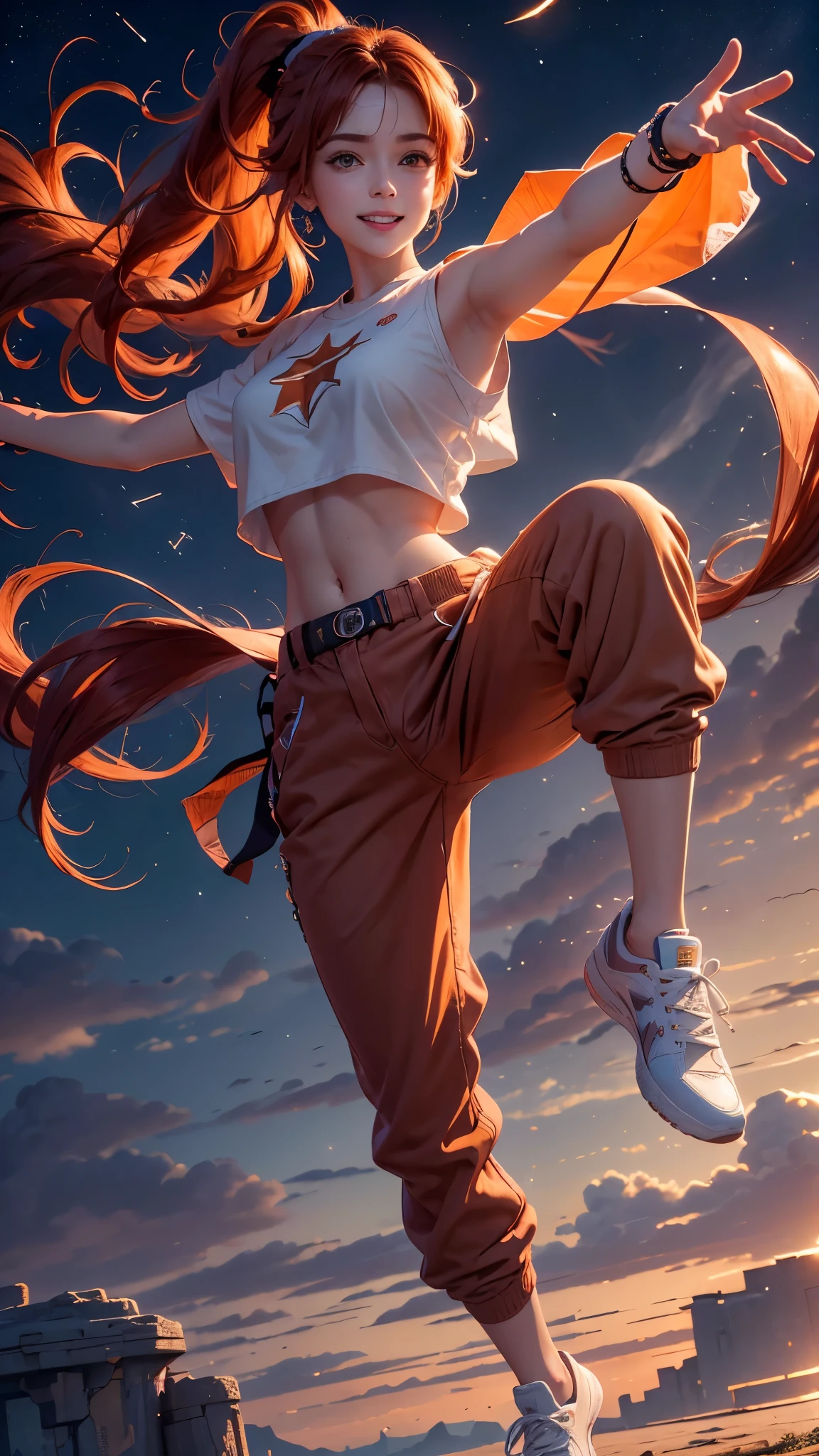 1girl,solo,looking at viewer,smile,jumping,outstretched arms,outstretched legs,star background,
cgki,kihb,orange hair,ponytail,brown eyes,pants,sneakers