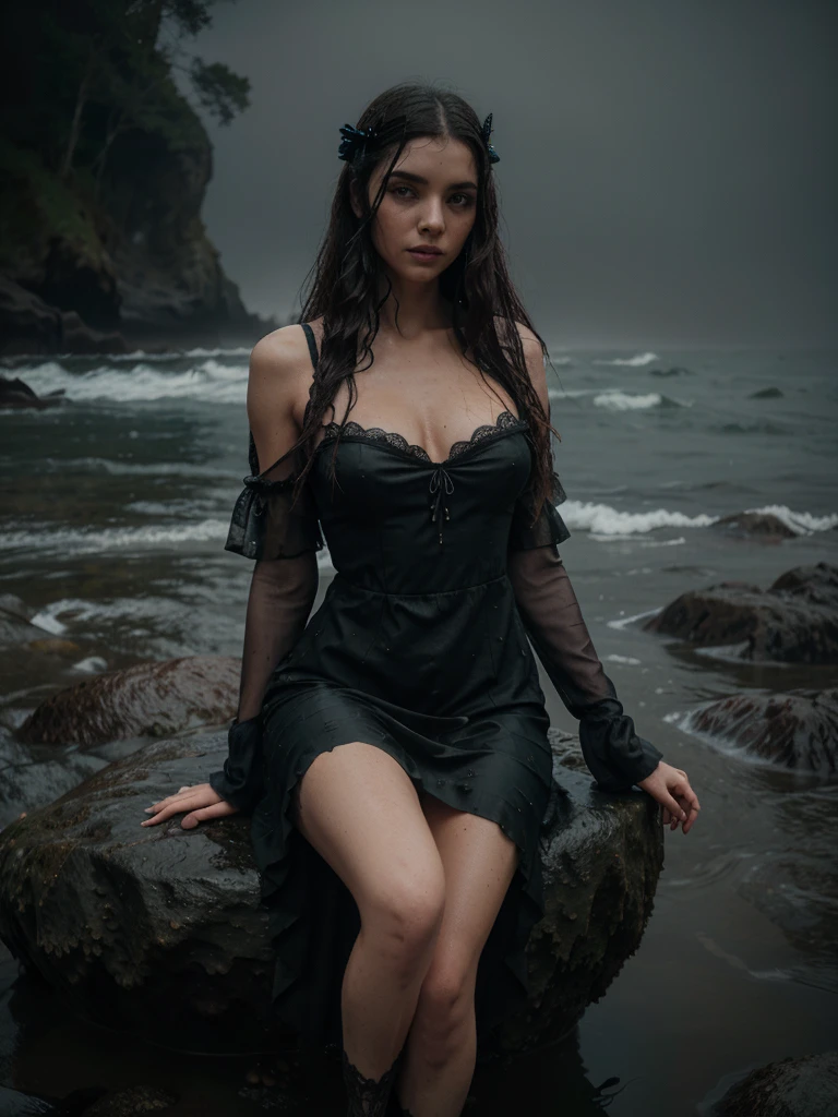 beautiful gothic girl, wet medieval lace dress, Attached to the body, wet hair, sitting on a rock with seaweed. Mysterious exotic planet environment, night fog, shores of a beach. thick fog, silent hill style 1:1 cinematic. masterpiece, hyperrealistic 4k 8k