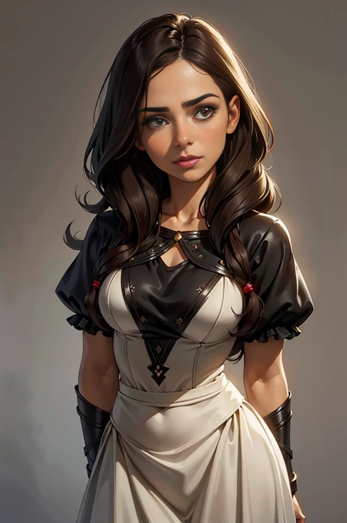studio background, simple background, one , latin face, brown skin, long natural dark hair, glamour, stand, make-up, Lips are soft or colored, , fluid silhouettes, stand, provocative, surprised facial expression, shy, simple lighting and texture, fantasy farmer stylish clothes