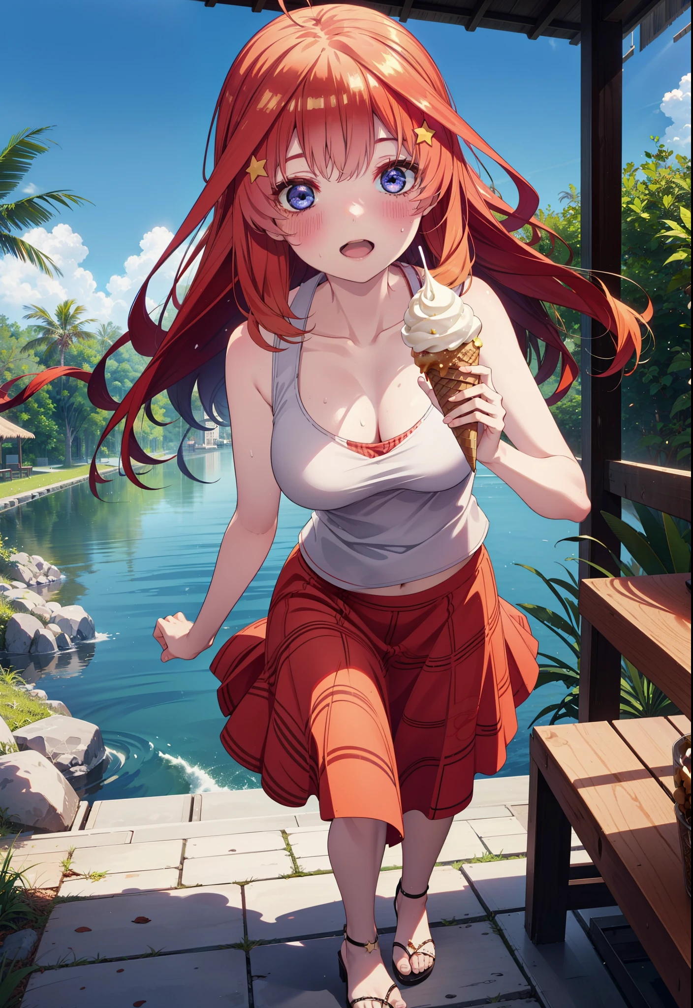 itsukinakano, Itsuki Nakano, bangs, blue eyes, Long Hair,Hair between the eyes, Ahoge, Redhead, star \(symbol\), hair ornaments, star hair ornaments,ハイビスカスのhair ornaments,Red Tank Top,Long skirt,Heeled Sandals,Walking,smile,blush,Open your mouth,Eating ice cream,Holding ice cream in one hand,whole bodyがイラストに入るように,Palm tree,True Summer,Clear skies,
break outdoors,Building district,tropical,
break looking at viewer,whole body ,
break (masterpiece:1.2), Highest quality, High resolution, unity 8k wallpaper, (figure:0.8), (Beautiful attention to detail:1.6), Highly detailed face, Perfect lighting, Highly detailed CG, (Perfect hands, Perfect Anatomy),