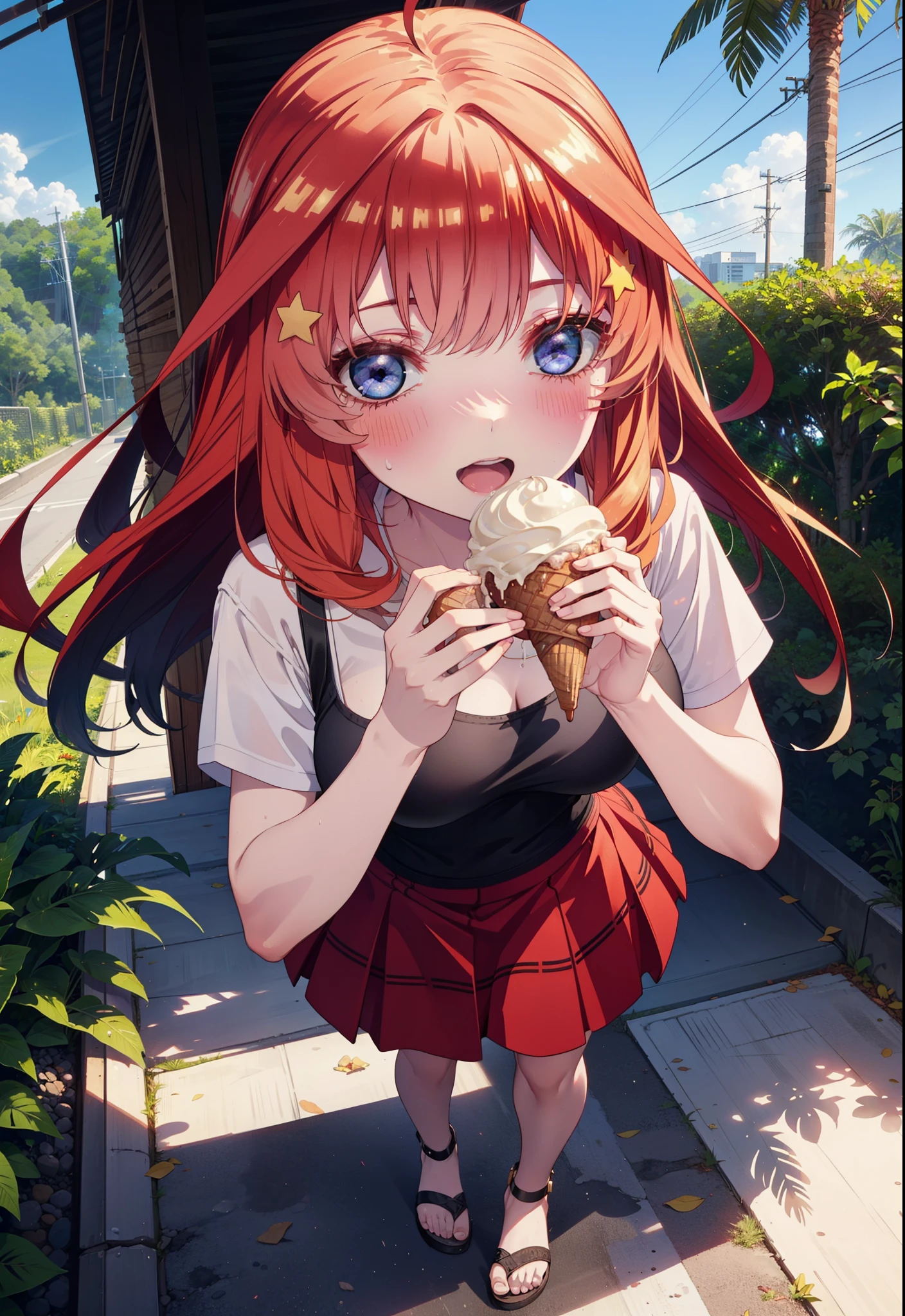 itsukinakano, Itsuki Nakano, bangs, blue eyes, Long Hair,Hair between the eyes, Ahoge, Redhead, star \(symbol\), hair ornaments, star hair ornaments,ハイビスカスのhair ornaments,Red Tank Top,Long skirt,Heeled Sandals,Walking,smile,blush,Open your mouth,Eating ice cream,Holding ice cream in one hand,whole bodyがイラストに入るように,Palm tree,True Summer,Clear skies,
break outdoors,Building district,tropical,
break looking at viewer,whole body ,
break (masterpiece:1.2), Highest quality, High resolution, unity 8k wallpaper, (figure:0.8), (Beautiful attention to detail:1.6), Highly detailed face, Perfect lighting, Highly detailed CG, (Perfect hands, Perfect Anatomy),