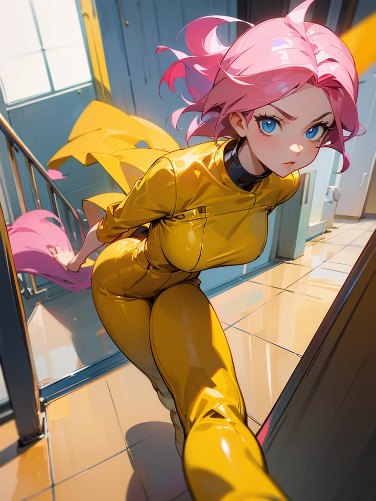 Mature woman running away from a robot, big pink hair, shining blue eyes, wearing a mustard yellow jumpsuit, breasts big, looking 35 years old, eye on the spectator, Look to the camera, , the background is a dark corridor, Hands on waist, thick-thighs