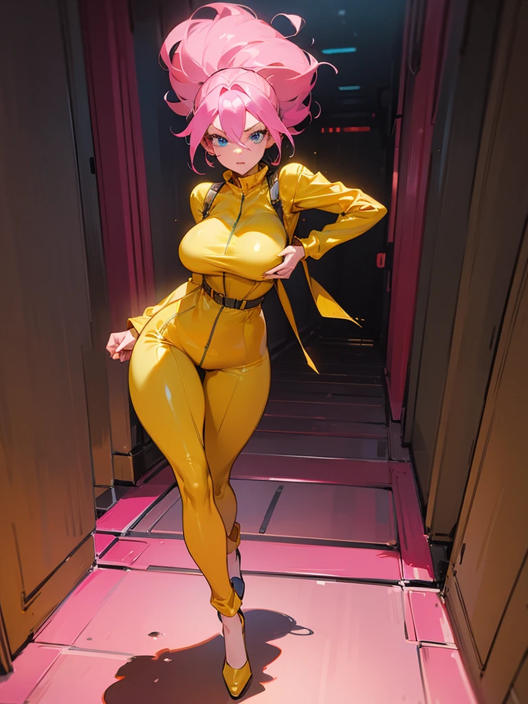 Mature woman running away from a robot, big pink hair, shining blue eyes, wearing a mustard yellow jumpsuit, breasts big, looking 35 years old, eye on the spectator, Look to the camera, , the background is a dark corridor, Hands on waist, thick-thighs