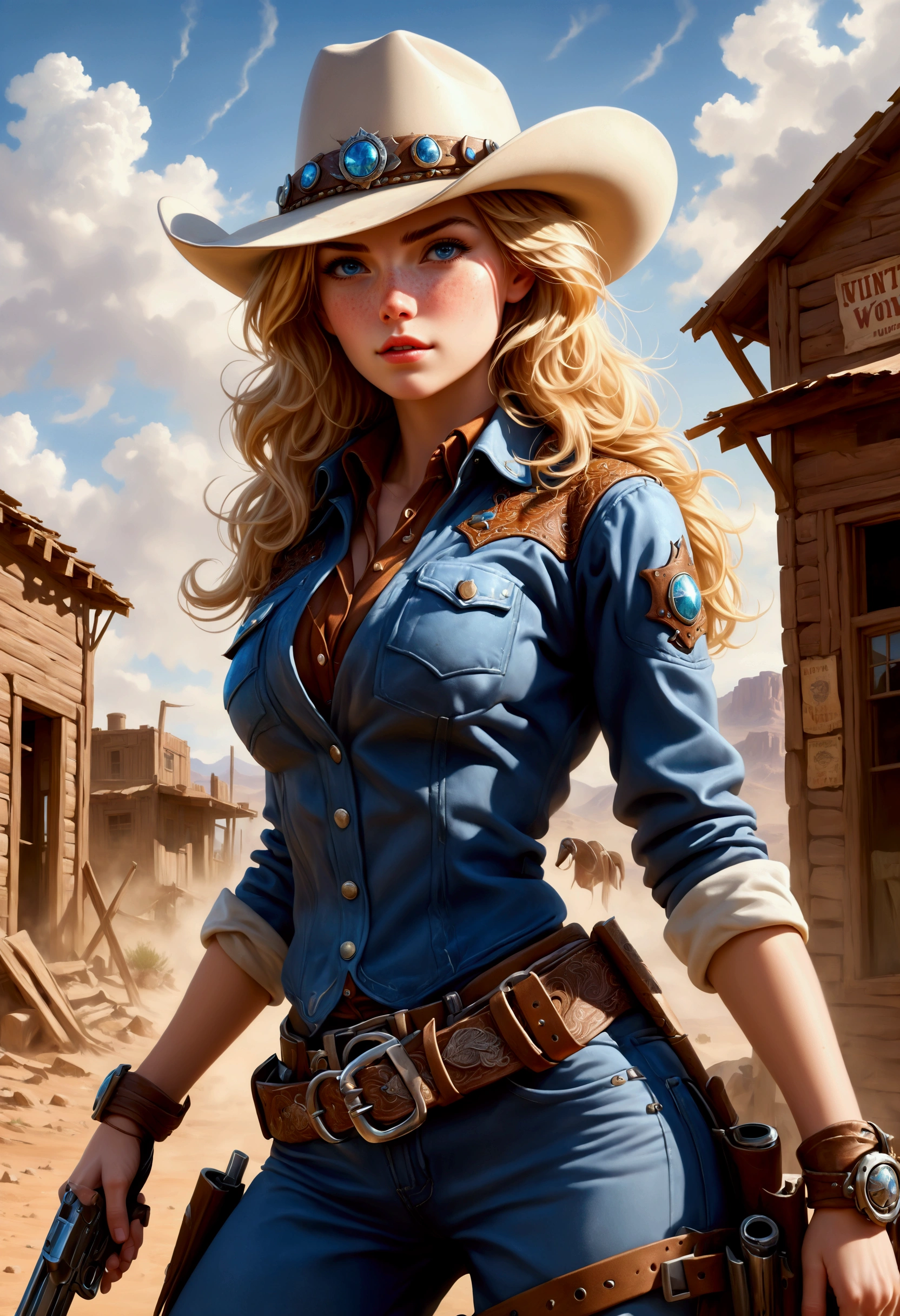 Create a breathtaking, ultra-high-definition image in 16K resolution that captures the adventurous and stylized essence of a Western world realistic photo aesthetic. | Visualize a stunning blonde cowgirl with flowing hair and cute freckles across her cheeks, embodying both strength and grace. She has expressive blue eyes and a natural beauty that shines through her rugged appearance. She is dressed in a stylish yet practical cowgirl outfit, featuring a wide-brimmed hat, a leather jacket with intricate patterns, a belt with a prominent buckle, and sturdy boots. Her attire should blend traditional Western elements with subtle futuristic accents.|The scene is set in a desolate desert town with a few rundown buildings and a vast, arid landscape stretching into the distance. The sky is a brilliant, deep blue with a few wispy clouds, and the harsh sunlight casts long shadows, adding depth and drama to the scene. Dust and tumbleweeds drift across the ground, enhancing the wild and untamed atmosphere.| Capture the cowgirl in a dynamic pose, perhaps with one hand resting on her holstered gun and the other shading her eyes as she gazes into the distance, ready for whatever challenges lie ahead. Her expression should convey a mix of determination and confidence, with a hint of mystery. The camera angle should emphasize her full body, highlighting the details of her outfit and her strong, athletic build. | The overall ambiance should integrate vibrant colors and rich details, creating a sense of depth and immersion in this futuristic Western world. Ensure anatomical correctness, with a focus on ultra-detailed textures and high-quality rendering, capturing every nuance of the cowgirl's appearance and her rugged surroundings. This masterpiece should embody the spirit of adventure and resilience, immersing viewers in its lifelike depiction. | Keywords: (beautiful blonde cowgirl:1.3), ((realistic photo)), ((cute freckles):1.2), ((futuristic Western)), ((dynamic pose)).