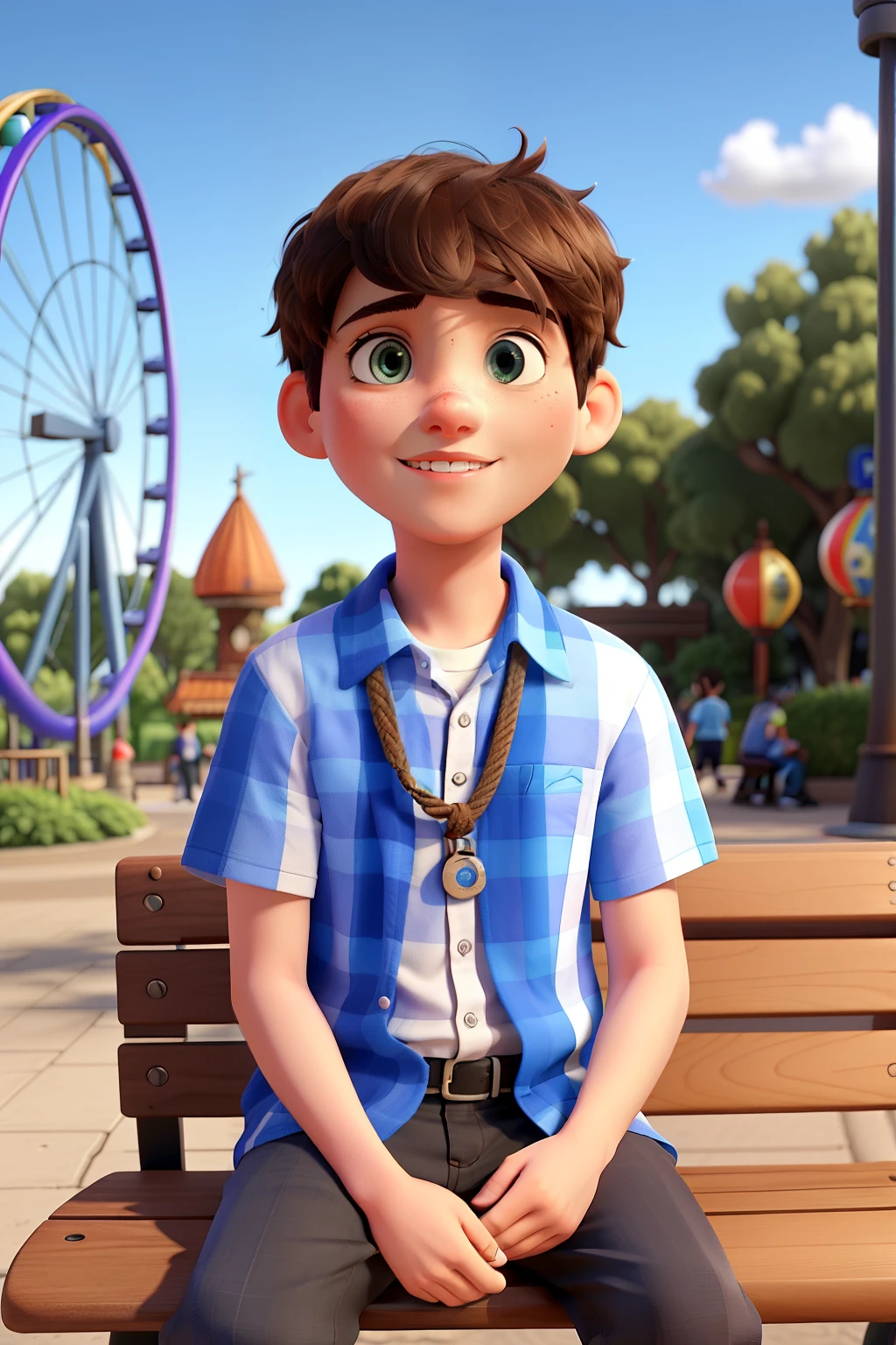 Describe the scene of a young autistic man dressed in a shirt that represents autism syndrome, along with a colorful rope around your neck. He is sitting on a bench in a modern amusement park, surrounded by high quality 3D attractions, as if you had entered a Pixar world. The light of the attractions illuminates your peaceful face, but focused, as he watches the movements around him. The autism rope around your neck appears to be a