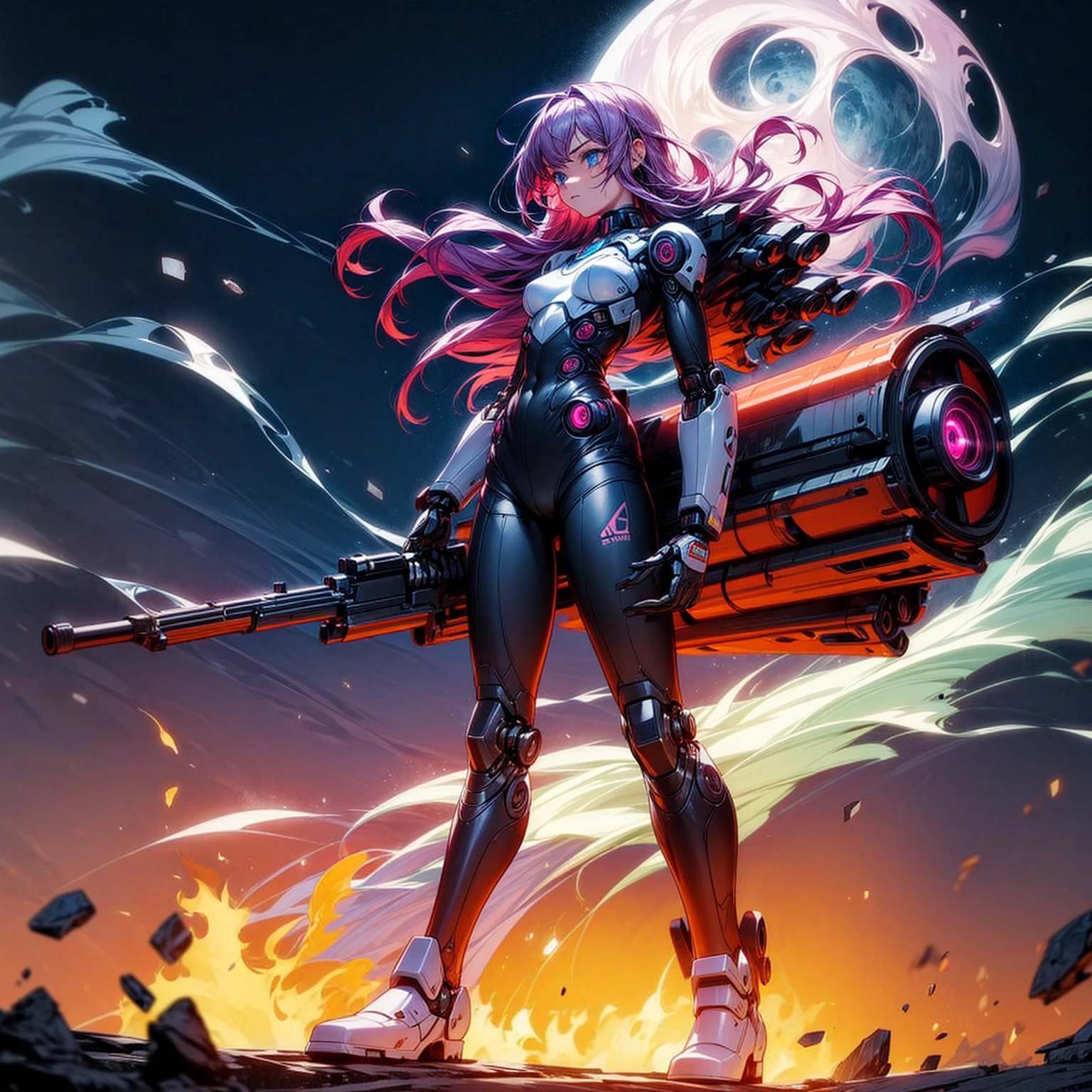 Ultra detailed, full background, Full body version, Grassroots, background in field, (solo, girl, cyborg, blue eyes, sad eyes, magenta color hair, long hair, pants, Boots), standing gesture, hand turns into a shotgun, low angle view, full body robotic, smoke effect, fire effect, lighting on shotgun, Red laser, largest robotic shotgun, moon, Moonlight, The whole body is fully robotic