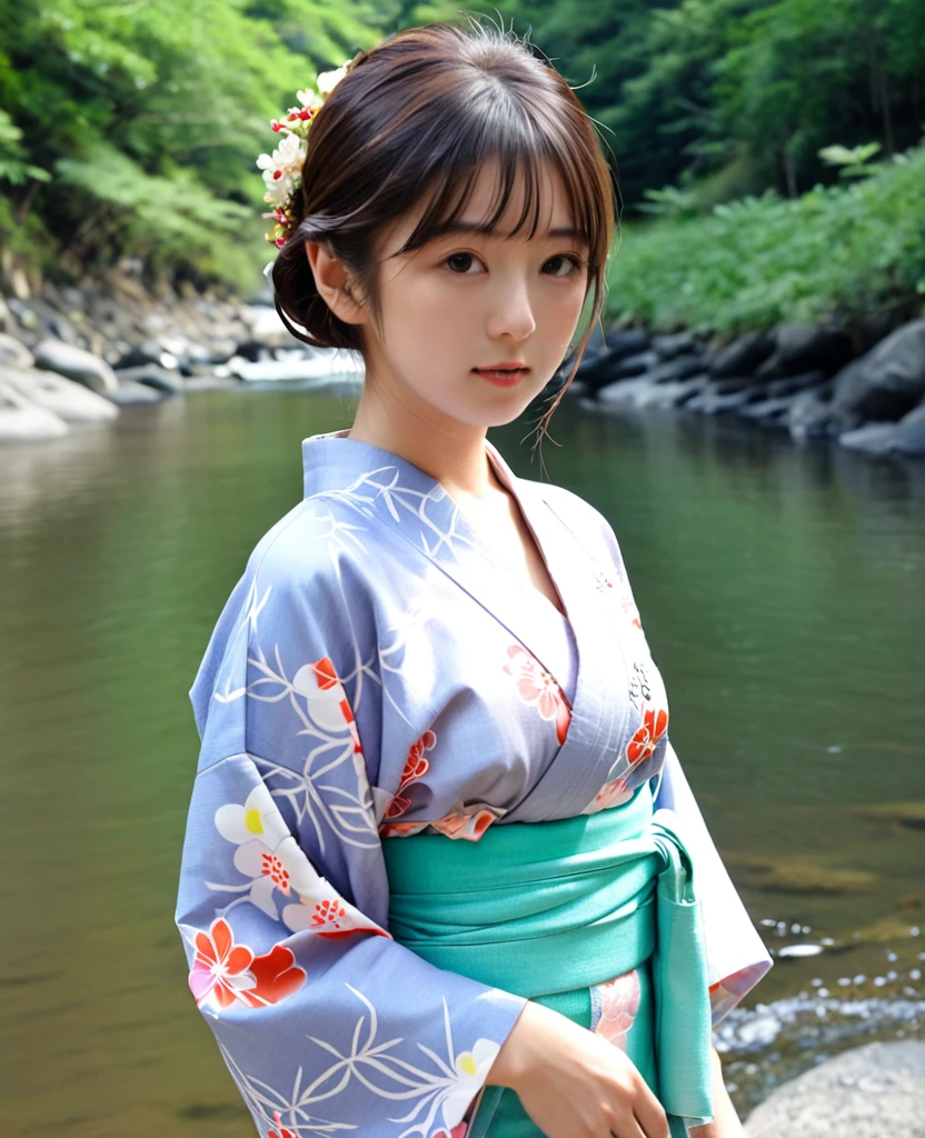 Cool off by the river in a yukata、Japanese women、15 years old、Open chest
