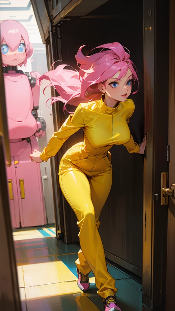 Mature woman running away from a robot,  big pink hair, shining blue eyes, wearing a mustard yellow jumpsuit, breasts big, looking 35 years old, eye on the spectator, Look to the camera, , the background is a dark corridor,  Hands on waist