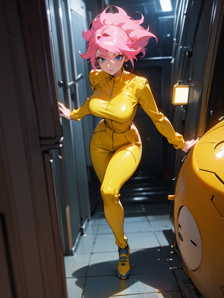 Mature woman running away from a robot,  big pink hair, shining blue eyes, wearing a mustard yellow jumpsuit, breasts big, looking 35 years old, eye on the spectator, Look to the camera, , the background is a dark corridor,  Hands on waist