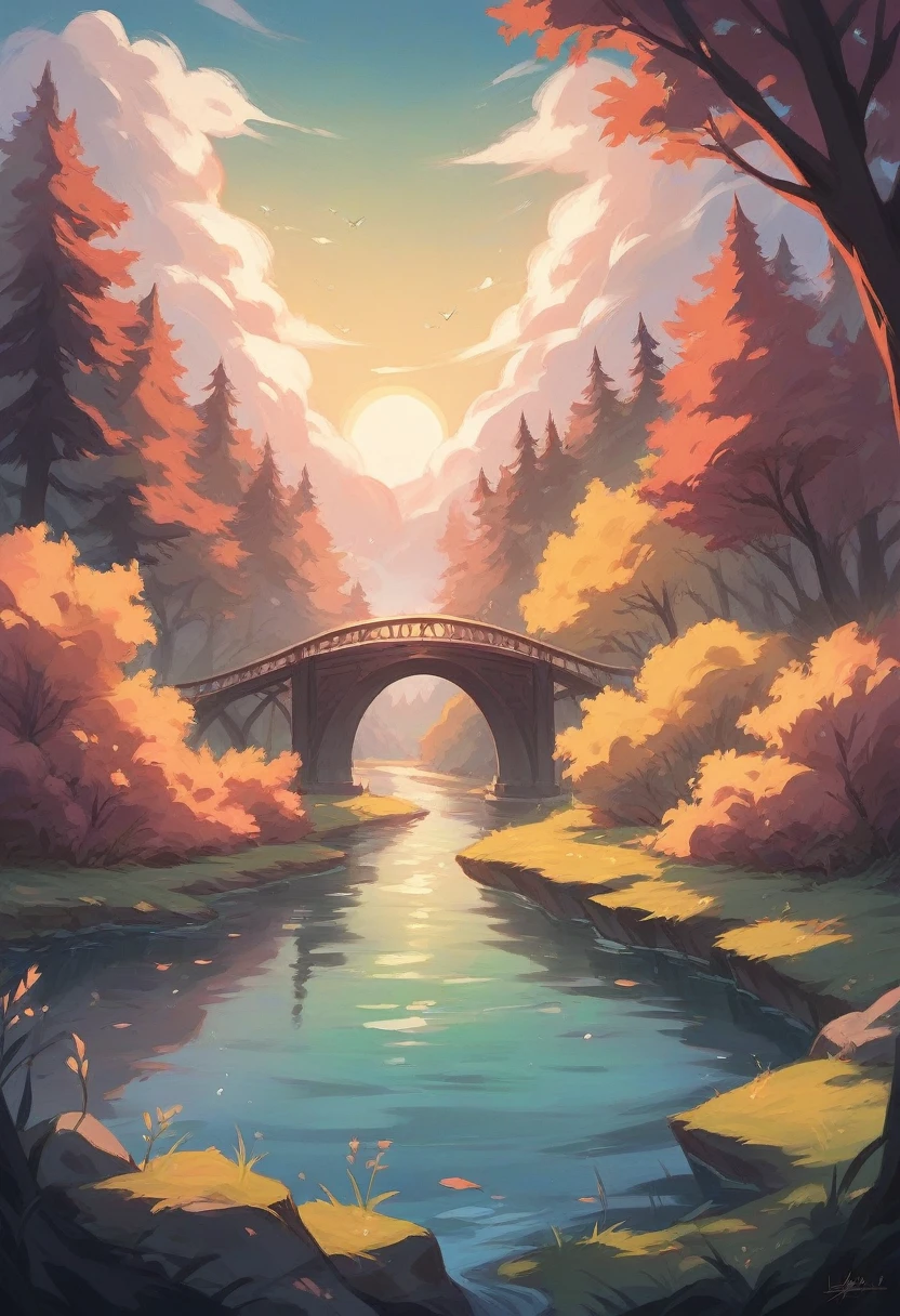 Beautiful woman with long dark hair with a sweet look ,looking at the sky between trees and the sun ,with beautiful lake and a bridge