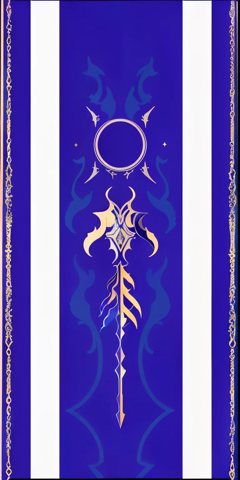 ((a close up of a kingdom banner flag)), some blue and gold, ((gold manta ray in the middle)), (((flat surface))), full card design, eldritch color scheme, tarot card design, winged purple tree, symmetrical tarot illustration, deviantart eka's portal, card art, arcane art style, sword design, fractal tarot card style, sigil, tarot design, long trunk holding a wand, green and purple