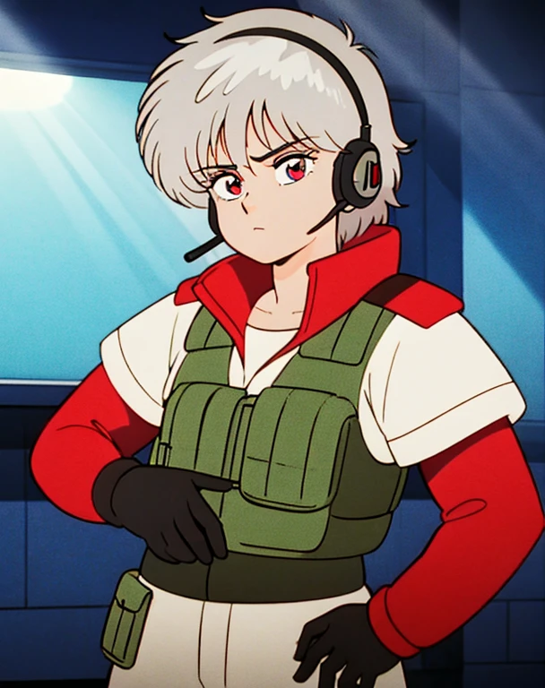 masterpiece , girl, On the battlefield, ( Light white short hair:1.2), (Red eyes:1.2), (Russian military uniforms:1.2), (View your viewers:1.2) , (8k, 最high quality 1.2), Very detailed, 8k uhd, Soft lighting, high quality, Film Grain, Beautiful lighting, Cinematic ,Perfect body , Best lighting, Best Shadow, Sharpness, Contrast, Red glasses, Messy Hair, Tactical Vest, gloves, headset, Absurd high definition faces