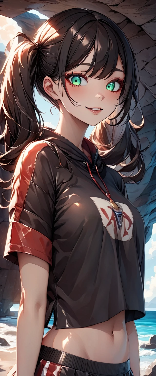 Photo of a girl with natural skin, ((Baby Face)), Grinning, Round face, A girl wearing mainly black and red, Upper Body, Seaside cave, The light is shining in, High Twintails, Black hair with red mesh, Sharp eyes with red eyeshadow, Blue-green eyes, Shining eyes, A thin, upturned nose, Well-shaped lips, ((crop top overhang, Short sleeve, Black clothes, Thighs, Glamour body)), Makeup, Exquisitely crafted with the utmost attention to detail, Vibrant, amazing, Smooth, Cinematic, 4K, Backlight, (()), Shallow depth of field, ((Detailed eyes:1.3, Detailed lips:1.3, high quality, )), masterpiece, Super detailed images, High quality