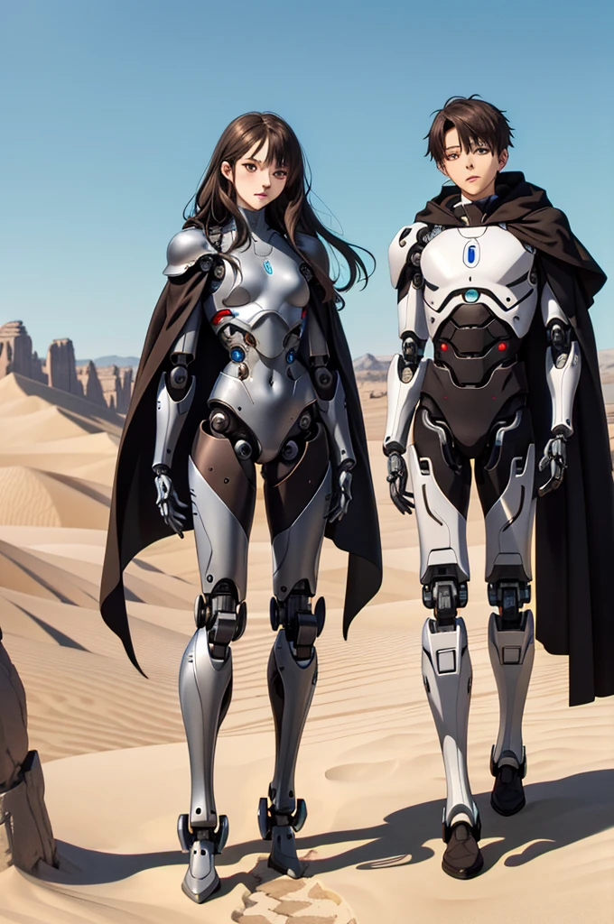 masterpiece, fullbody, anime, futuristic, android, age, (long hair), middle part hair, boy, cyborg, slim body, robotic body, black armor, fully mechanical parts, (brown cloak), desert