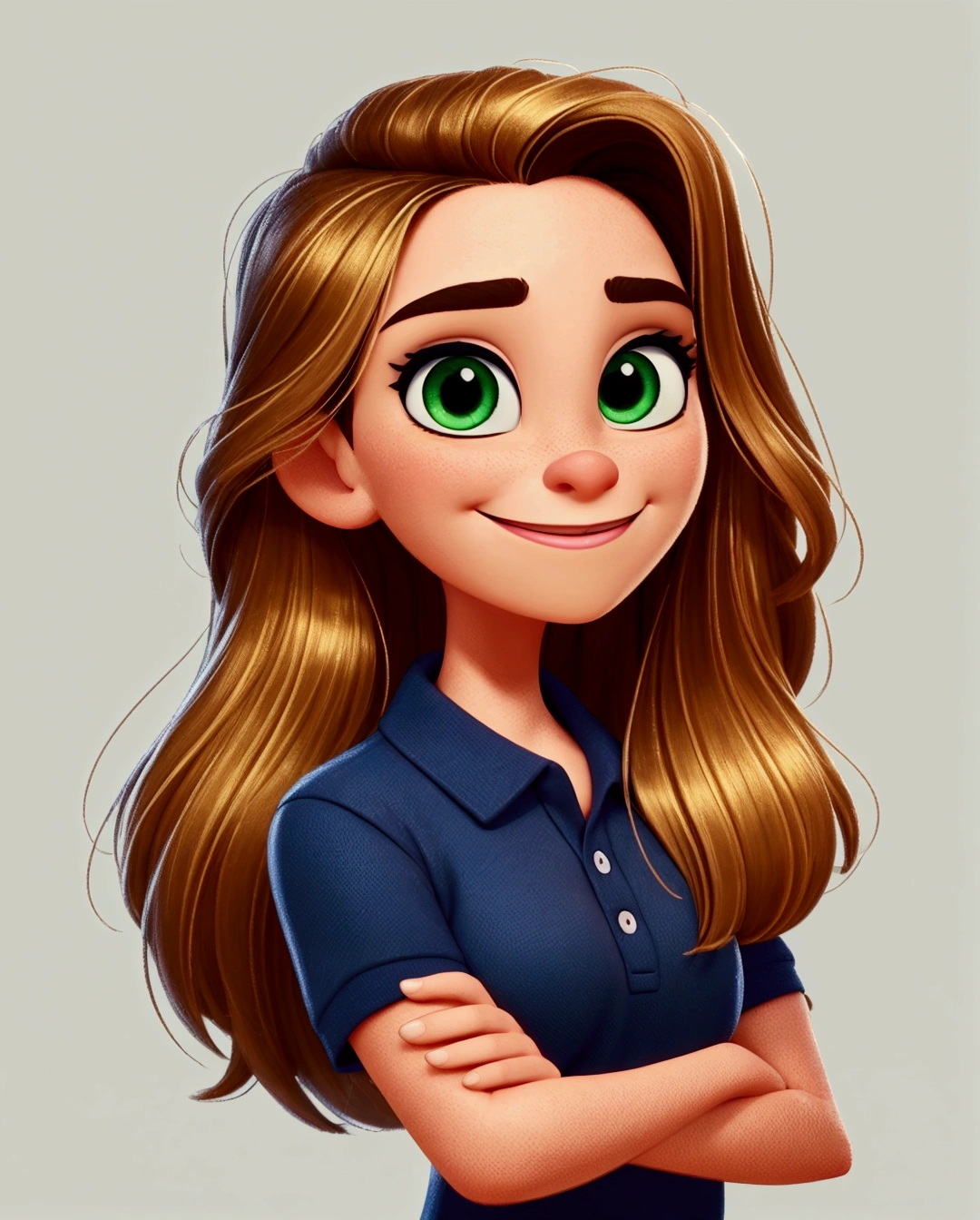 Cartoon woman wearing a navy blue polo shirt, with arms crossed in front of the body and smiling, animation character, stylized character, animation style rendering, 3d stylized, Arnold Maya rendering, Stylized 3D rendering, toon render screenshot, 3d character, 3d character, Stylized 3D rendering, 3D character rendering, cartoon character, Personagem de close up, character posing,  (Pixar-style) (master part:1.2) (bokeh) (best quality) (skin detailed) (detailed texture) (8k) (Argilla) (cinematic lighting) (sharp focus
