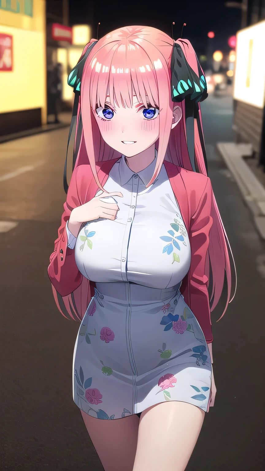 front view detailed body, long belly , Slender body, tight body , thicc, large breast, breast, long thighs, masterpiece, lomng hair, verylong hair, ninonakano, nino nakano, long hair, bangs, blue eyes, hair ornament, hair ribbon, pink hair, blunt bangs, two side up, butterfly hair ornament,hair_between_eyes, very_long_hair, cowboy shot, front shot, looking at viewer, 1girl, nakano_nino, bangs, butterfly_hair_ornament, hair_ornament, blue_eyes, pink_hair, dress, black_ribbon, ribbon, blunt_bangs, floral_print, looking_at_viewer, white_dress, short_hair, twintails, pink_jacket, jacket, solo, breasts, open_clothes, hair_ribbon, blush, parted_lips, print_dress, Beautiful Finger,Beautiful long legs,Beautiful body,Beautiful Nose,Beautiful character design, perfect eyes, perfect face,expressive eyes, looking at viewer,(Full_body),(Focus on her face), official art,extremely detailed CG unity 8k wallpaper, perfect lighting,Colorful, Bright_Front_face_Lighting,shiny skin, (masterpiece:1.0),(best_quality:1.0), ultra high res,4K,ultra-detailed, photography, 8K, HDR, highres, absurdres:1.2, Kodak portra 400, film grain, blurry background, bokeh:1.2, lens flare, (vibrant_color:1.2) (Beautiful,large_Breasts:1.4), (beautiful_face:1.5),(narrow_waist), facing the viewer