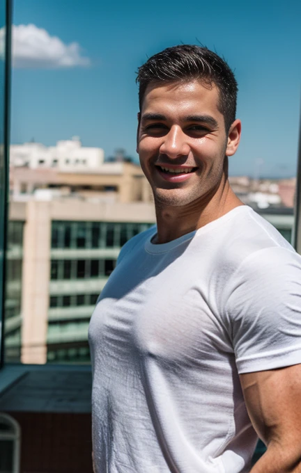 A handsome cuban bodybuilder young man (20 years, atractive, cute smile, Profiled nose, thick lips, perfect face, huge biceps , t-shirt, veiny )   sexy, On a rooftop 