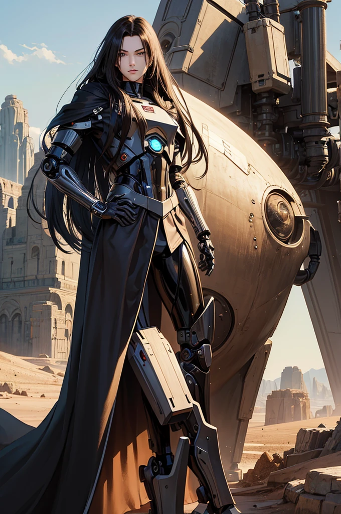 masterpiece, fullbody, anime, futuristic, android, teenage, (long hair), middle part hair, boy, cyborg, slim body, robotic body, black armor, fully mechanical parts, (brown cloak), desert\