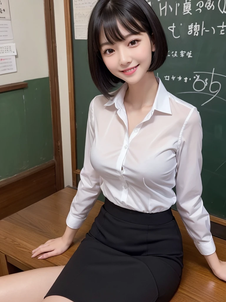 Highest quality、masterpiece、8k、Very detailed、Realistic、One girl、Looking at me with a smile、Black Hair、Short Hair、Small face、Slender、Big Breasts、Thin and beautiful legs、narrow and constricted waist,、(A tight-fitting shirt with an open center)、Tight Skirt、Dressed like a female teacher、Erect nipples