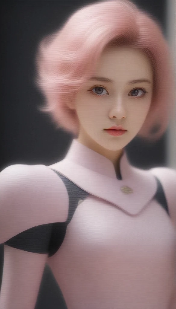 (8K, original photo, best quality, masterpiece), ultra high resolution, (actual, photo-actual), 1 girl, emotionless, alone, pink hair, yellow eyes, professional lighting, detailed lighting, backlight, depth of field, natural lighting, sharp focus, Two meters shooting distance, Take photos professionally, delicate eyes, actual eyes, Detailed shadows, CG games, role play, pink clothes with arm ring,  sling, Upper body, pink clothes, External, crown, Gundam, Mecha, 