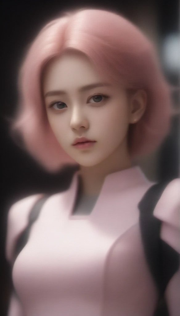 (8K, original photo, best quality, masterpiece), ultra high resolution, (actual, photo-actual), 1 girl, emotionless, alone, pink hair, yellow eyes, professional lighting, detailed lighting, backlight, depth of field, natural lighting, sharp focus, Two meters shooting distance, Take photos professionally, delicate eyes, actual eyes, Detailed shadows, CG games, role play, pink clothes with arm ring,  sling, Upper body, pink clothes, External, crown, Gundam, Mecha, 