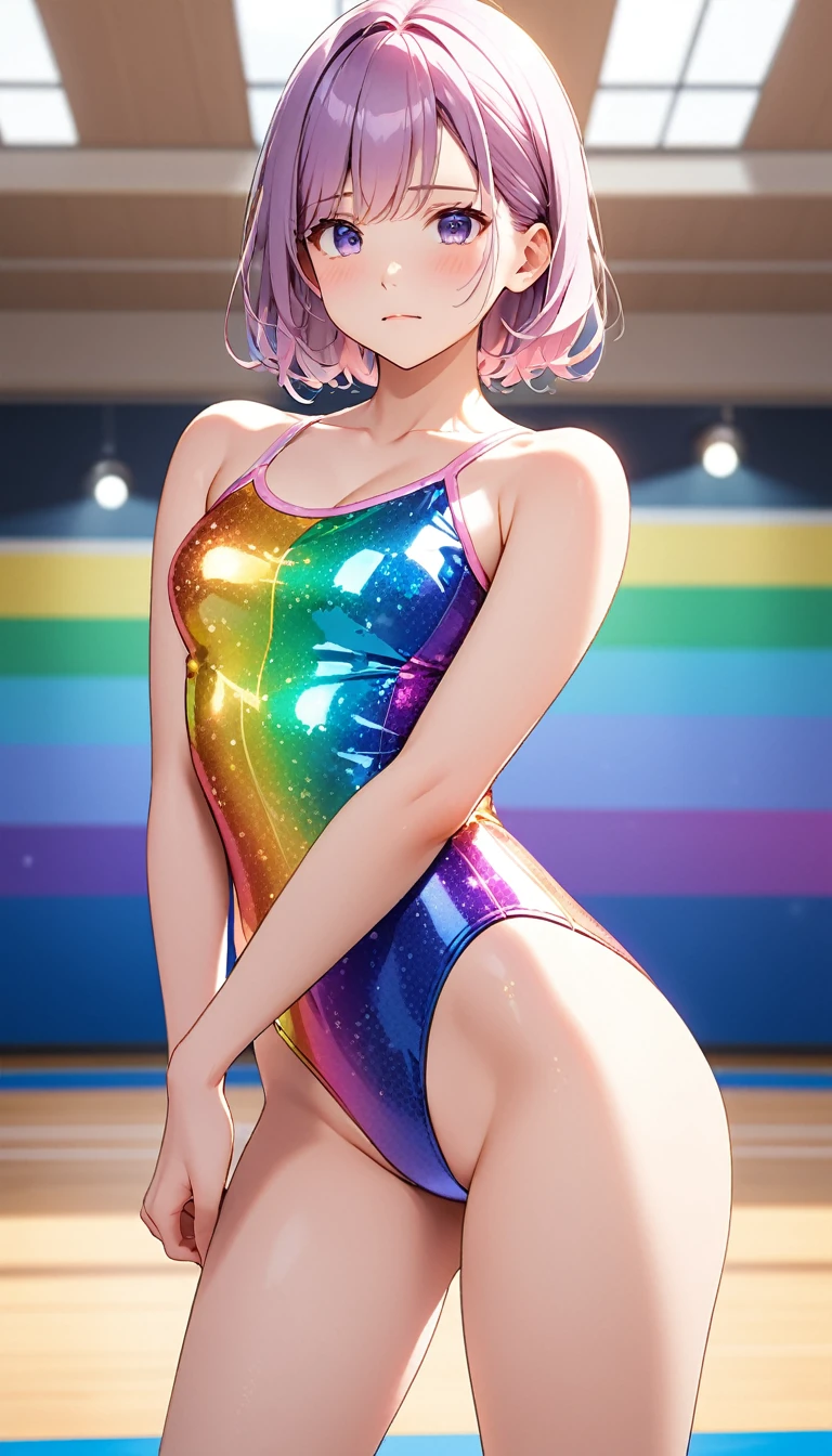 expensivequality illustration, masterpiece, Very delicate and beautiful, Attractive girl,(swimsuit leotard, Floral print leotard,glittery embellishments,expensive_Leg leotard,athletic,Tight-fitting leotards,Rainbow Gradient Leotard),thin,Slender body,slim,expensive school,Gymnasium background,Gymnastics Club,Gymnast,PRİNCESS, Beautiful Eyes,shame,embarrassed,,(masterpiece, Highest quality:1.2), expensiveres, Very detailed CG Unity 8k wallpaper, Perfect lighting, colorful, ultra-expensive res,4K,Very detailed, photograph, 8k, High resolution, 17 years old,