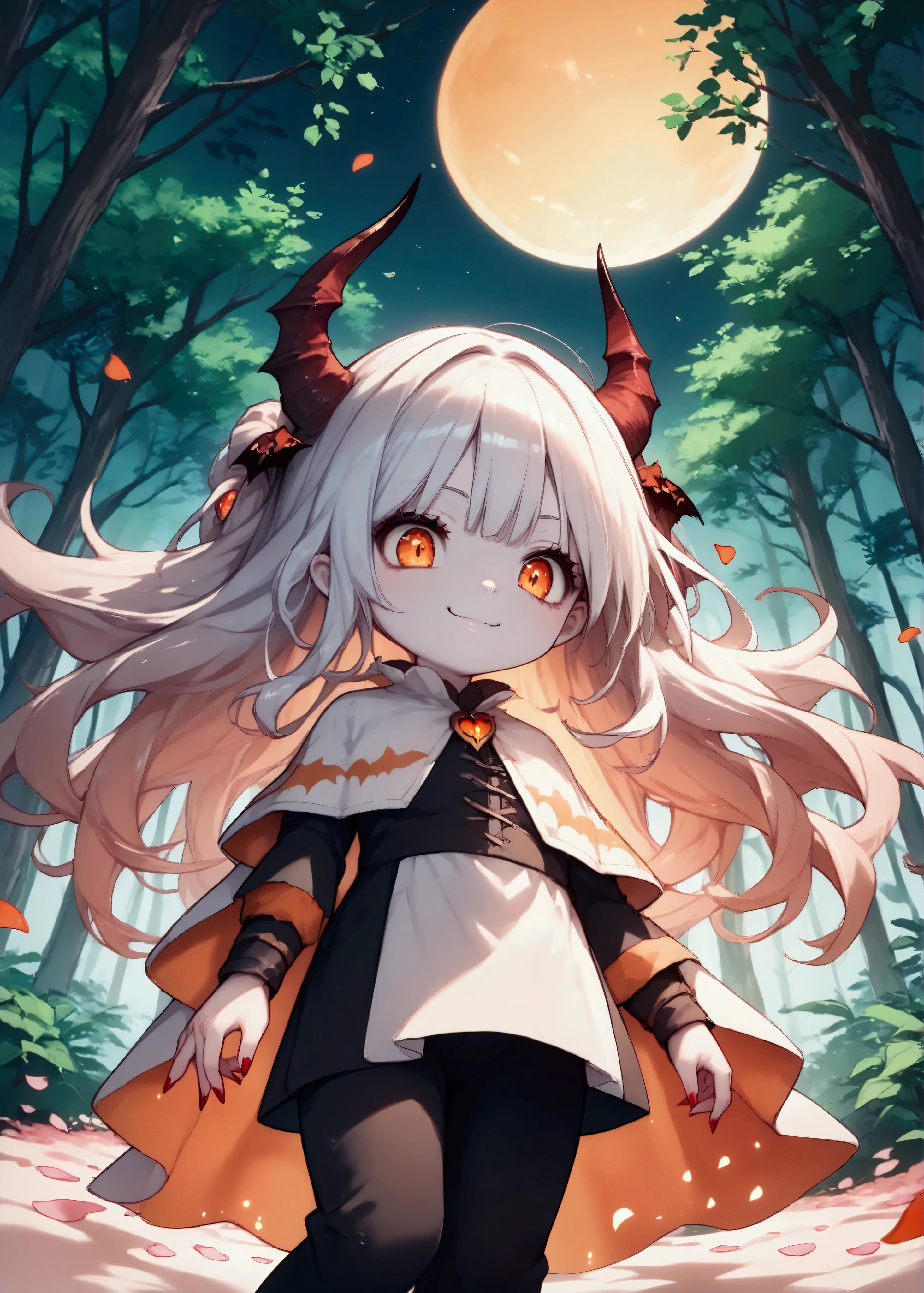 hzk,score_9, score_8_up, score_7_up, score_6_up, score_5_up, score_4_up ,(solo:1.7),1girl\((devil:1.7),cute,big eyes,white skin,pale skin,evil smile,long nail,orange eyes,(looking down:1.3),wearing capelet\((very big:1.5),(very long:1.3),(black),Tattered\)\), BREAK ,refreshing mood,(petals\(colorful,beautiful,in the air,(many)\):1.5),(dead trees),(close-up of girl),beautiful moon