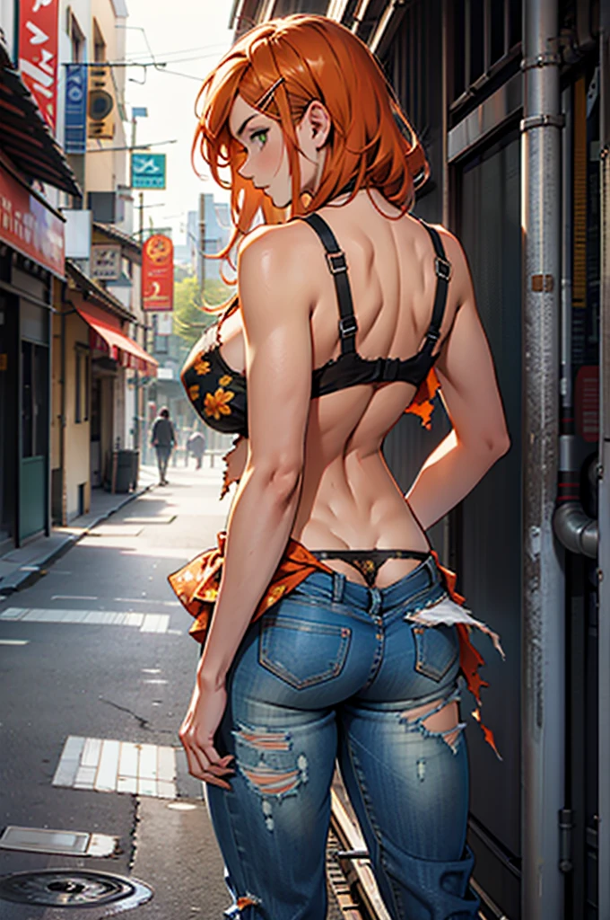 1 girl,bothered,in this,breastsout,from behind,from low,scowl,greeneyes,hair ornament,hair clip,huge in this,to swing,large breastsout,hair orange,knickers,pants,print knickersshiny skin,chemise,shorth hair,sideboob,cutaneous dentition,standing alone,torn garments,torn pants,roupa from low