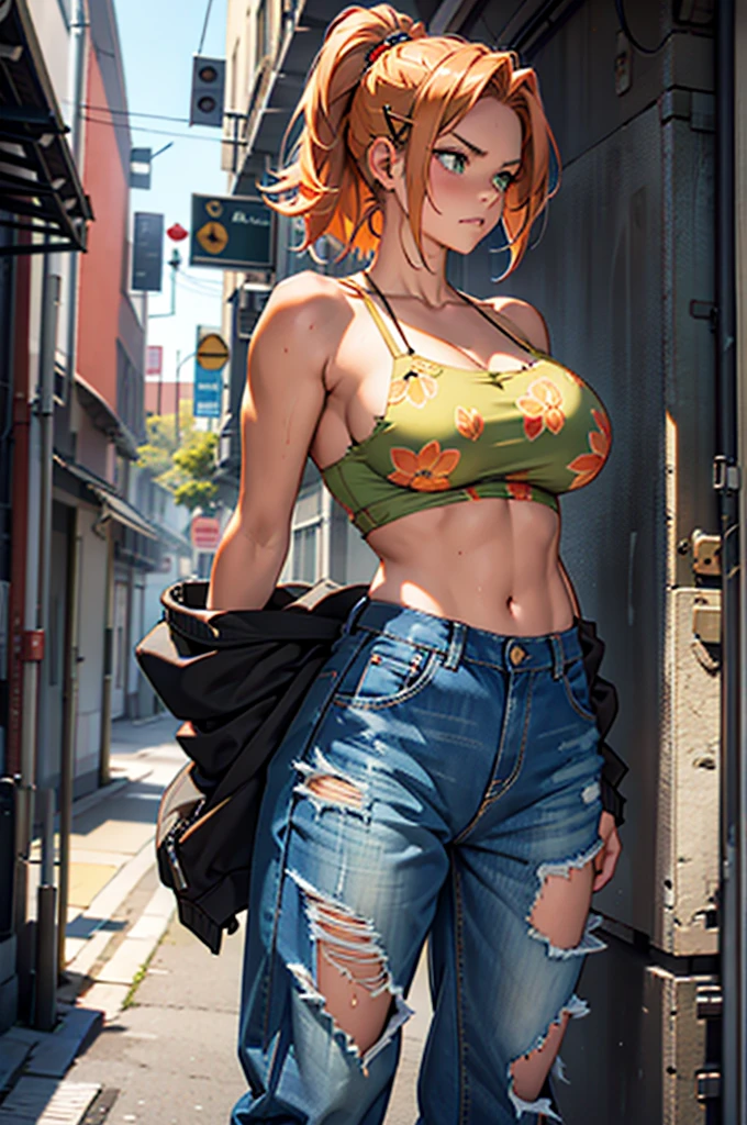 1 girl,bothered,in this,breastsout,from behind,from low,scowl,greeneyes,hair ornament,hair clip,huge in this,to swing,large breastsout,hair orange,knickers,pants,print knickersshiny skin,chemise,shorth hair,sideboob,cutaneous dentition,standing alone,torn garments,torn pants,roupa from low