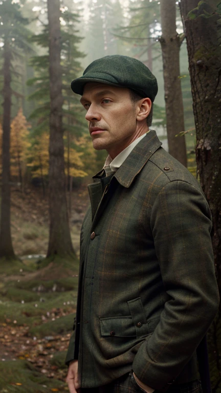 photorealistic, raw photo, man, mature, grey hair, short side part hairstyle, clean shaven, tall, thin, wearing olive green barbour wax cotton jacket, tartan chek wool scarf, dark brown corduroty trousers, dark brown tweed flat cap, stand. Peaky blinders. The background shows trees with leaves in golden and red hues, and sunlight softly shines through the treetops, creating a serene yet adventurous atmosphere