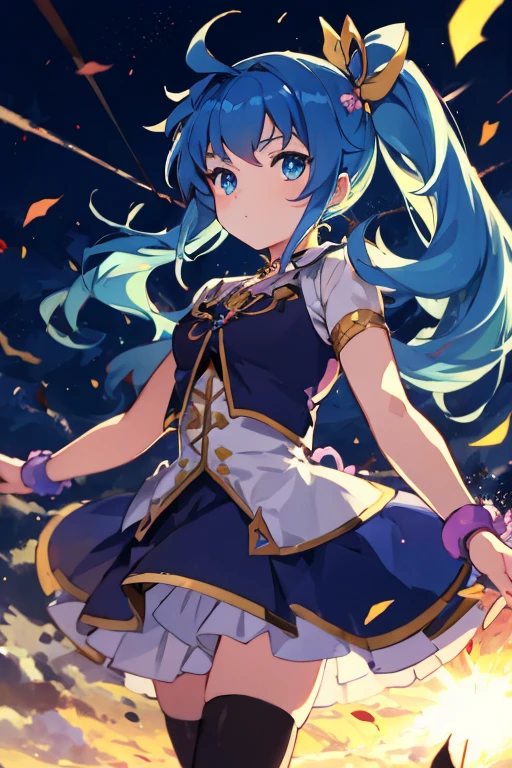 Magical girl with blue hair and indigo eyes, her hair is tied in a medium ponytail 