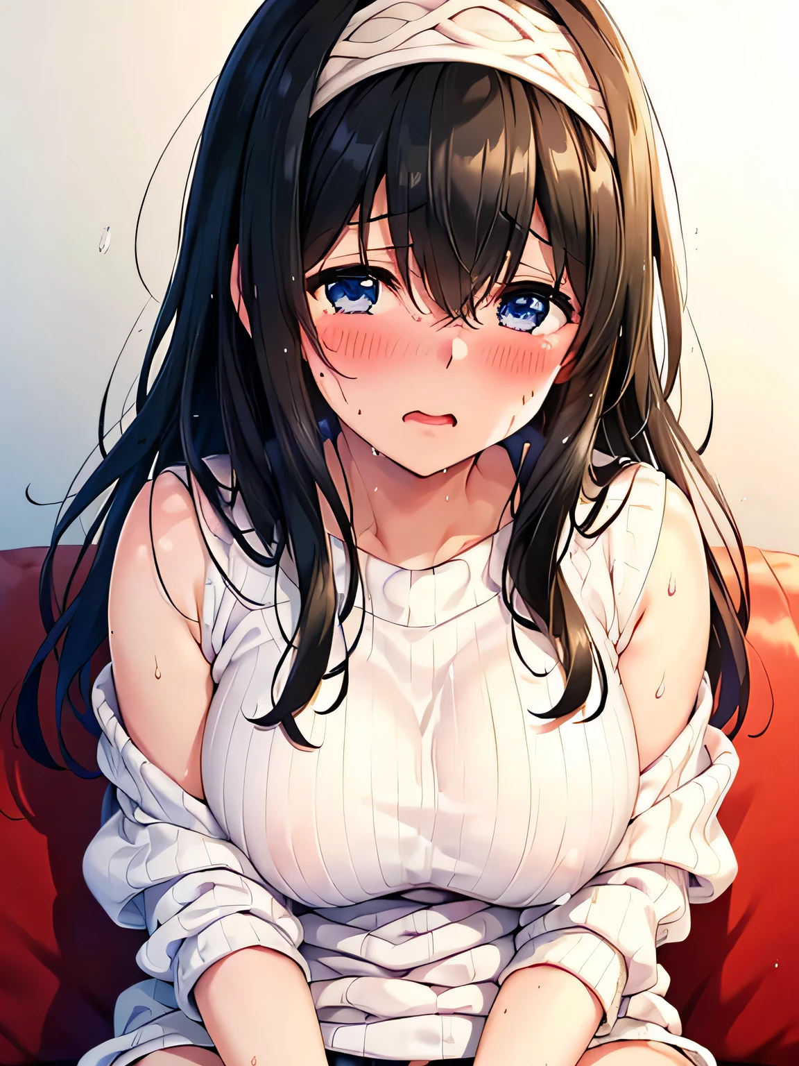 ((fumika sagisawa))、sfw,Perfect Face、(hair band、oversized sweater)、sofa、((Embarrassed、blush))、((headshot,Upper body only)),((Both hands on the crotch))、(Ecstasy face、Watery eye),(Face turned to the side、Turn away from the viewer),sexy、Sweat