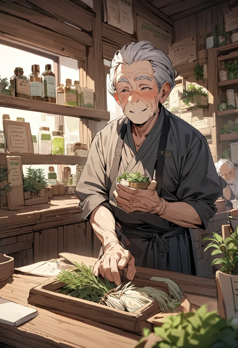 Herb shop, rustic and beautiful, counter, attendant, elderly, man, humble smile, inviting, high quality, high details, anatomically correct, 4K