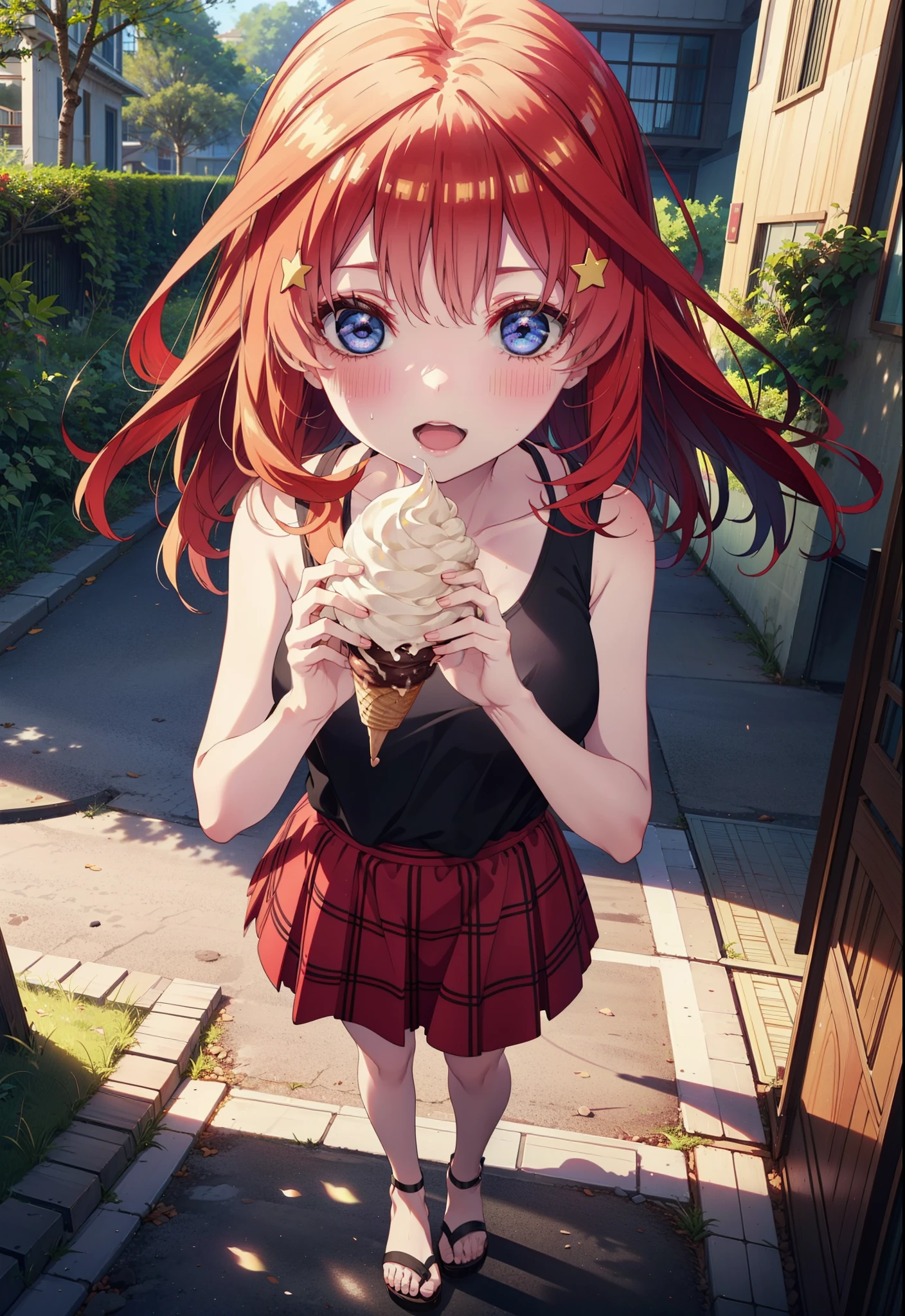 itsukinakano, Itsuki Nakano, bangs, blue eyes, Long Hair,Hair between the eyes, Ahoge, Redhead, star \(symbol\), hair ornaments, star hair ornaments,ハイビスカスのhair ornaments,Red Tank Top,Long skirt,Heeled Sandals,Walking,smile,blush,Open your mouth,Eating ice cream,Holding ice cream in one hand,whole bodyがイラストに入るように,Palm tree,True Summer,Clear skies,
break outdoors,Building district,tropical,
break looking at viewer,whole body ,
break (masterpiece:1.2), Highest quality, High resolution, unity 8k wallpaper, (figure:0.8), (Beautiful attention to detail:1.6), Highly detailed face, Perfect lighting, Highly detailed CG, (Perfect hands, Perfect Anatomy),