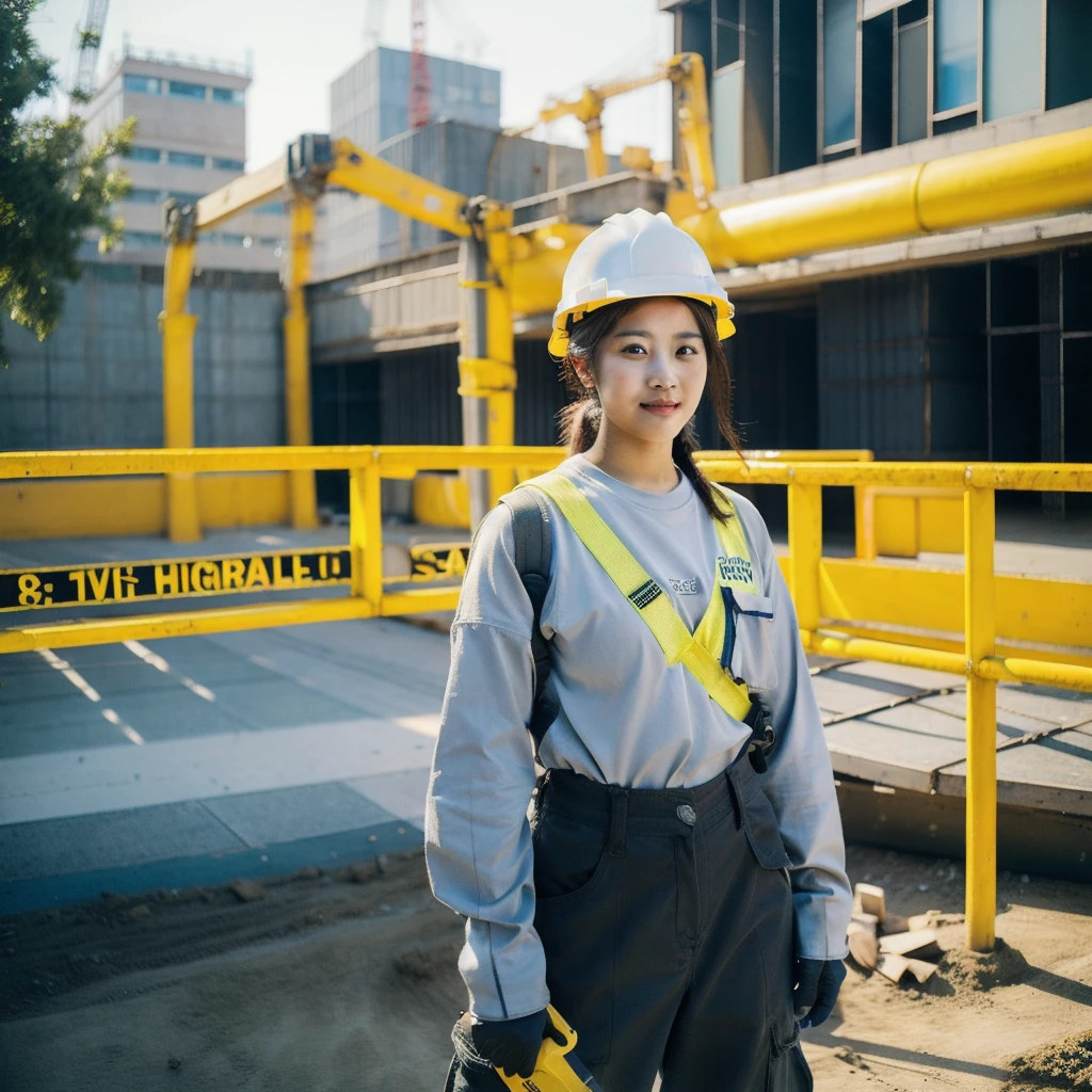 A girl in a construction site, wearing a long-sleeved shirt, cargo pants, a safety helmet, and holding a power tool in her hand.

(highres,4k,best quality:1.2),ultra-detailed,(realistic:1.37),heavy-duty construction site,professional,industrial lighting,vibrant colors,bokeh,gritty atmosphere

[construction worker], [urban], [dynamic pose], [power tool], [safety gear], [concrete], [cranes], [dust and debris], [blueprints], [construction equipment], [steel beams], [hard hat], [work gloves], [scaffolding], [construction site signs], [noise and activity], [yellow caution tape], [sunlight and shadows], [busy workers], [dirt and mud], [construction vehicles], [hardworking]

I hope this prompt helps you generate a beautiful and detailed image of a girl working at a construction site.