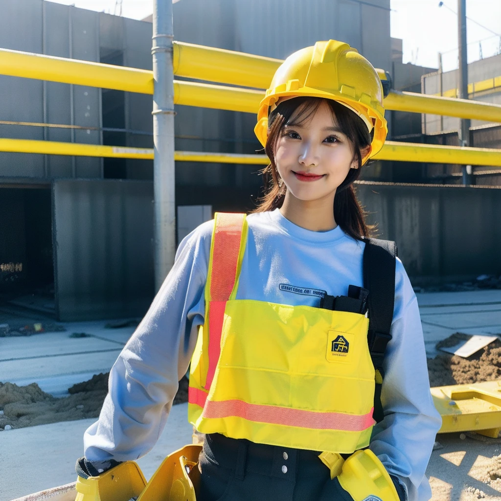 Construction site，Construction worker clothing，Very large breasts，Nikkapokka outfit，Short Hair，Sexy pose