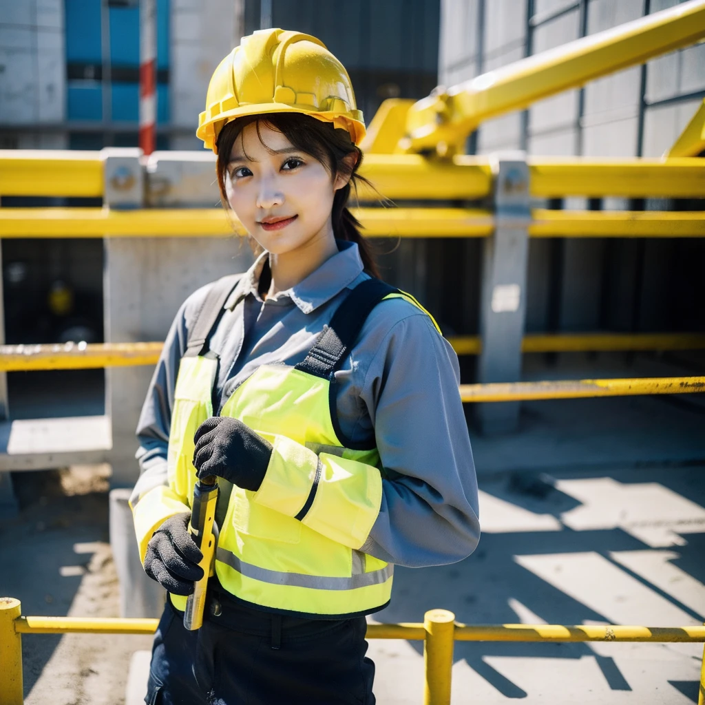 A girl in a construction site, wearing a long-sleeved shirt, cargo pants, a safety helmet, and holding a power tool in her hand.

(highres,4k,best quality:1.2),ultra-detailed,(realistic:1.37),heavy-duty construction site,professional,industrial lighting,vibrant colors,bokeh,gritty atmosphere

[construction worker], [urban], [dynamic pose], [power tool], [safety gear], [concrete], [cranes], [dust and debris], [blueprints], [construction equipment], [steel beams], [hard hat], [work gloves], [scaffolding], [construction site signs], [noise and activity], [yellow caution tape], [sunlight and shadows], [busy workers], [dirt and mud], [construction vehicles], [hardworking]

I hope this prompt helps you generate a beautiful and detailed image of a girl working at a construction site.