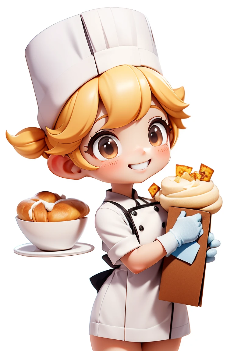 Adorable and cute , with Thermal Kitchen Gloves on both hands, holding baking pan filled with cheese bread.  happy with a wide smile of happiness,  proud. Full, flushed cheeks. Pure white image background. ultra quality. Dressed in pastry chef outfit with chef hat. great smile