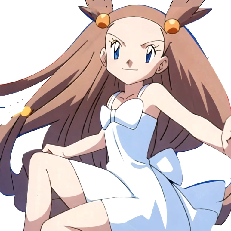 (masterpiece, best quality:1.2,ultra detailed,8k),1girl,solo,Jasmine \(pokemon\),bare shoulders,white sundress,blue eyes,brown hair,long hair,looking at viewer,sleeveless,two side up,white bow,hair ornament,smile