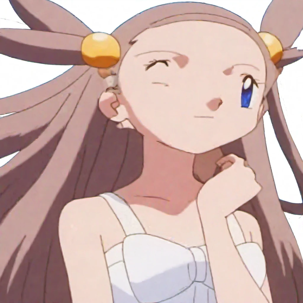 (masterpiece, best quality:1.2,ultra detailed,8k),1girl,solo,Jasmine \(pokemon\),bare shoulders,white sundress,blue eyes,brown hair,long hair,looking at viewer,sleeveless,two side up,white bow,hair ornament,smile