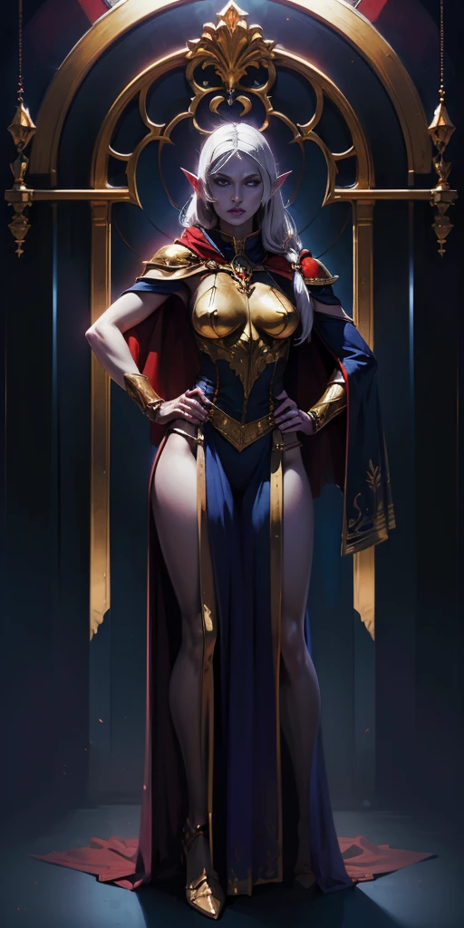 masterpiece, best quality, high quality, drow elf, long hair, pale hair, red eyes, purple skin, deep blue cape with golden ornaments (1solofemale full body standing straight symmetrical, hands on hips)
