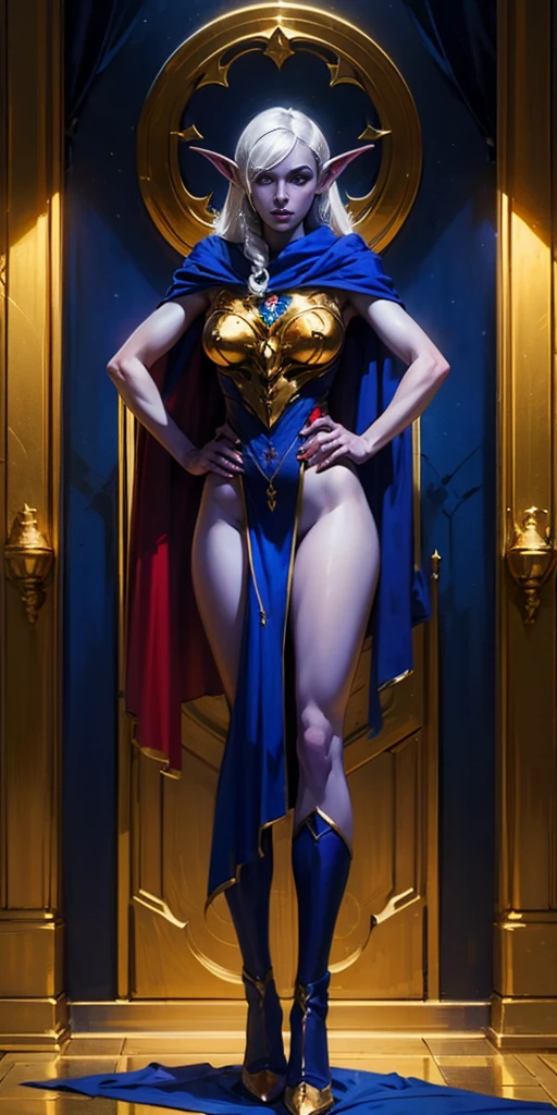 masterpiece, best quality, high quality, drow elf, long hair, pale hair, red eyes, purple skin, deep blue cape with golden ornaments (1solofemale full body standing straight symmetrical, hands on hips) 
