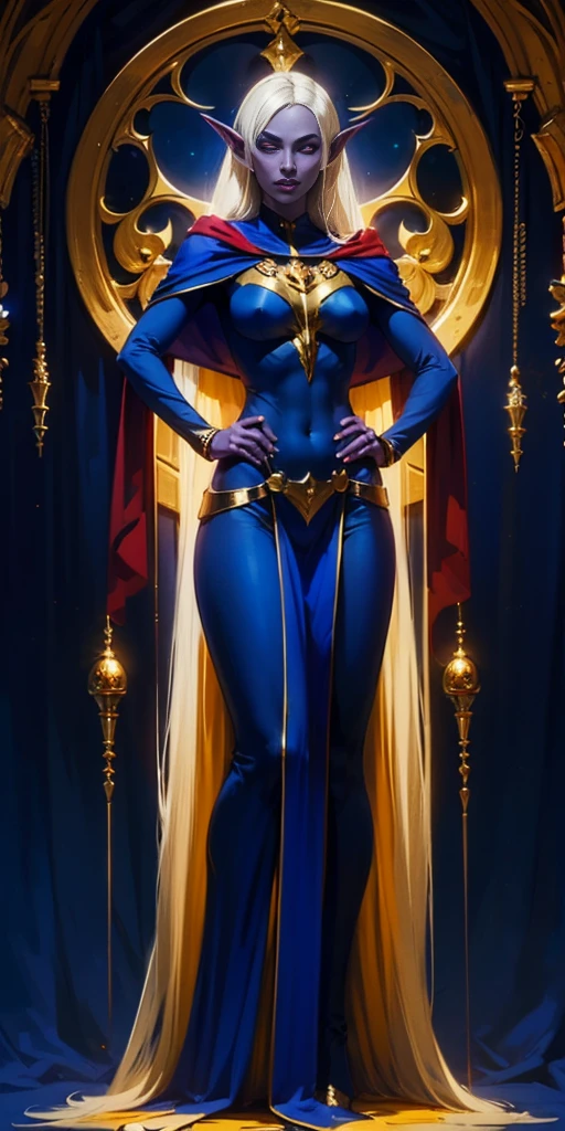 masterpiece, best quality, high quality, drow elf, long hair, pale hair, red eyes, purple skin, deep blue cape with golden ornaments (1solofemale full body standing straight symmetrical, hands on hips) 