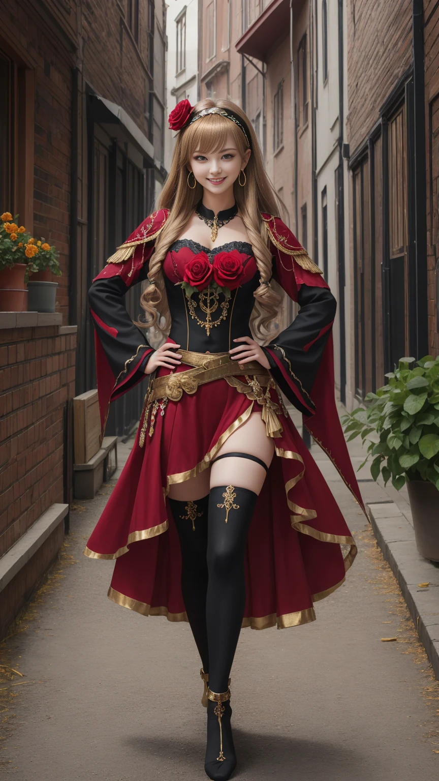 ((Full-length photo, standing, feet on the ground)) ybv1, 1girl, smile, hands on hips, hair flower, gold earrings, gold hairband, holding weapon, dual wielding, long hair, red eyes, rose, short hair with long locks, sidelocks, black thighhighs, thighhighs
