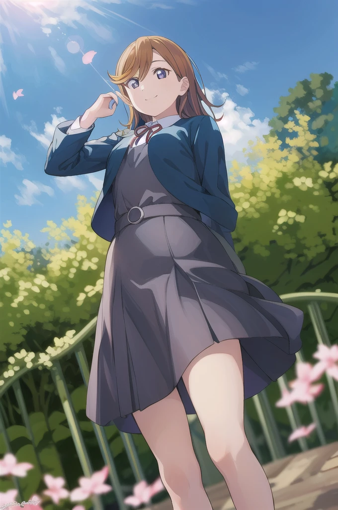 (Highest quality, masterpiece:1.2), One Girl, alone, (whole body:1.2),  Light on the face, blue sky, sunlight, Lens flare, smile, View your audience, Open your mouth, From below, spring, Shibuya Kanon,