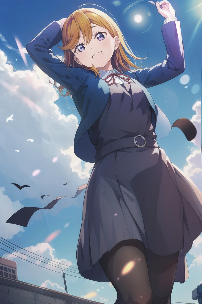 (Highest quality, masterpiece:1.2), One Girl, alone, (whole body:1.2),  Light on the face, blue sky, sunlight, Lens flare, smile, View your audience, Open your mouth, From below, spring, Shibuya Kanon,