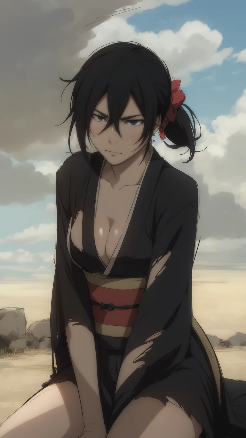 Alluring girl, black hair, low ponytail, hair between eyes, (torn black kimono:1.3), (cleavage:1.5), (medium breast:1.2), (thick thighs), sexy dynamic pose, cloudy sky, outdoors, landscape, (masterpiece, best quality:1.2), ((sketch style:1.5))