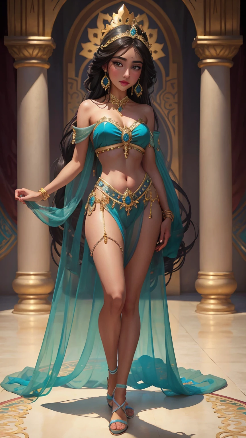 ((Full body photo, standing, feet on the floor)) thigh-high jeweled sandal, (((1girl))), (((23years))), ((full body shot)), Jasmine , Arabian, bikini, diadem with blue gem, jewelry, bracelets on arms, anklets on legs, colorful silks, Arabian setting, flowers, looking at viewer, ((highly detailed)), (((masterpiece))) Hyacinth